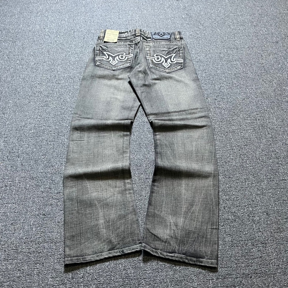 MEK Denim Milton T2 Straight Leg Jeans 30x32 Grey Distressed Embroidered Y2K